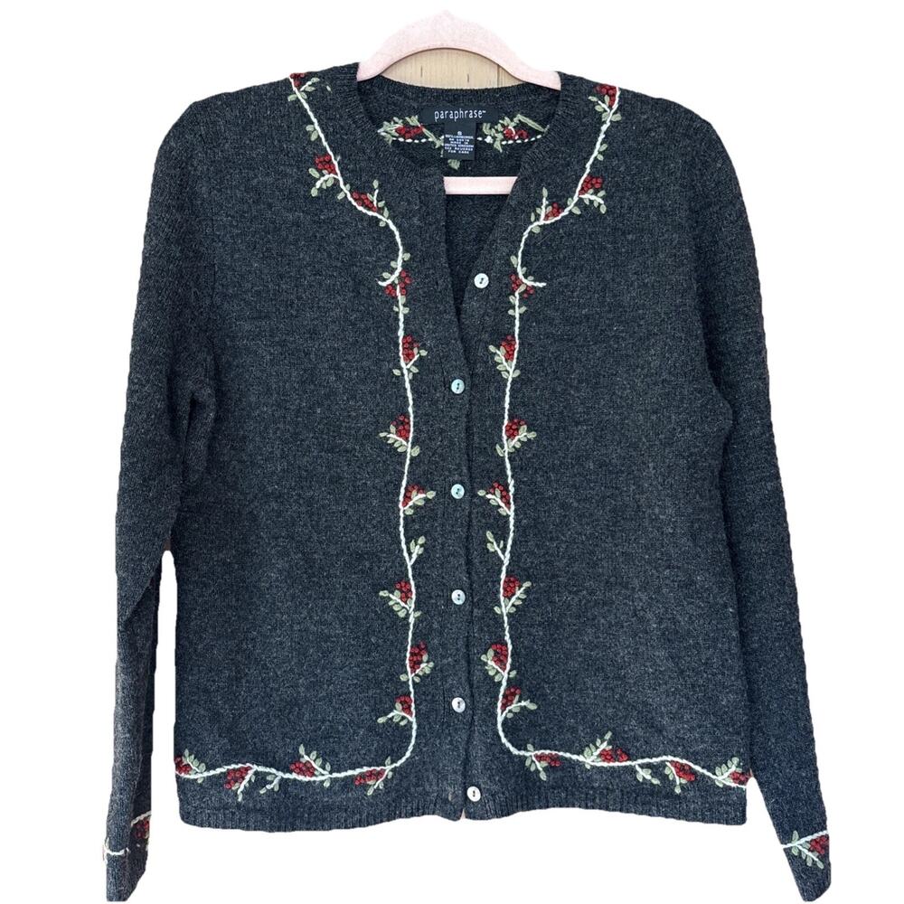 VTG Paraphrase Embroidered Lambswool Cardigan Sweater Sz S Charcoal Gray Grandma